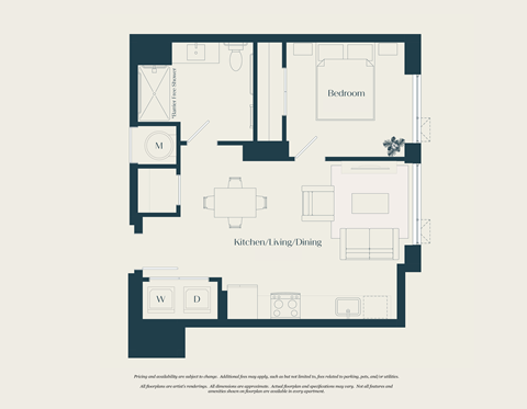 Floor plan for 1 bed, 1 bath, 606 sqft